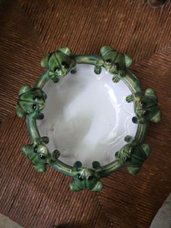 Vintage Aqua Blue Green Glazed Ceramic Frog Bowl Majolica Planter, Trinket Dish