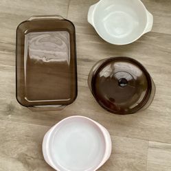 Vintage Pyrex & Anchor Hocking Fire King Casserole Dish Lot – Cranberry, Pink, Amber & Meadow Green