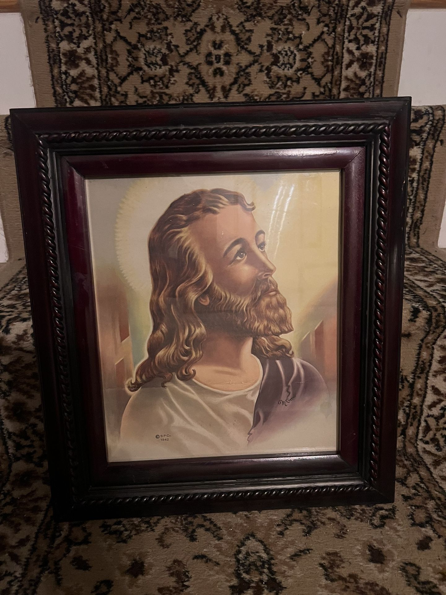 Vintage 1942 Jesus Art Print In Wooden Frame