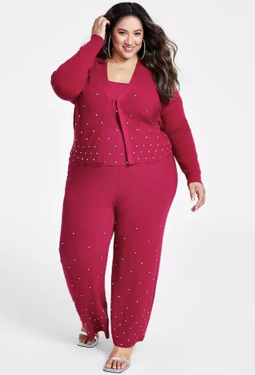 Nina Parker 1x Ribbed Knit Embellished Pants-Cranberry Red