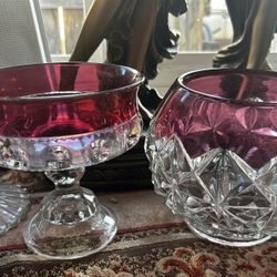 Two Vintage Glass Bowl Vase, Red Flashing