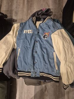 
Adam Bomb Not Atom Bomb Blue & Natural Denim Varsity Jacket Small