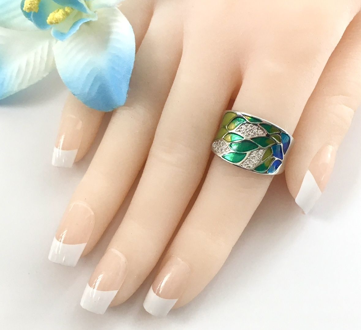 Green Leaf Enamel Sterling Silver Ring, Size 8