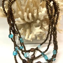 Teal Blue & Amber Glass Necklace 