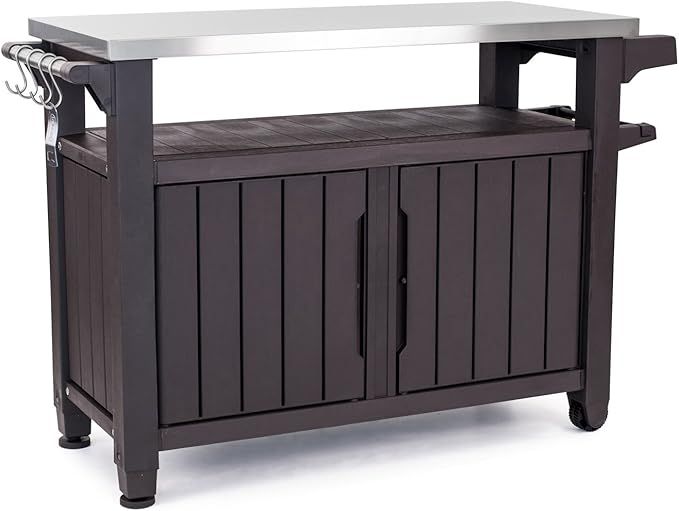 Keter Outdoor Rolling Table Cart for Food Prep, Storage, Bar & Grill, Dark Brown - Portable Kitchen