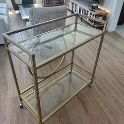 Modern Gold Bar Cart / Serving Cart – Glass Shelves, Rolling