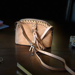 Sam & Hadley Cognac Vegan Leather Dome Crossbody Bag with Whipstitch & Tassel