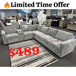 Light gray corduroy living room sectional sofa 119"W X 104" W X 34"H