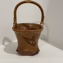 Vintage Studio Pottery Vessel Ikebana Bamboo Handle Signed (00499)