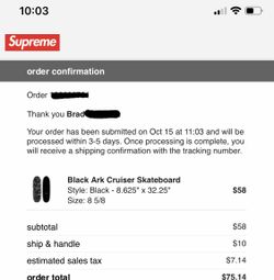 Supreme FW20 Black Ark Cruiser Skateboard Deck