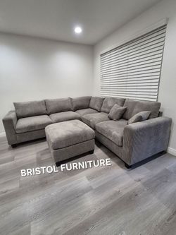 🎲 Sectional Sofa with Ottoman, Gray Color, Corduroy Fabric, New in the Box