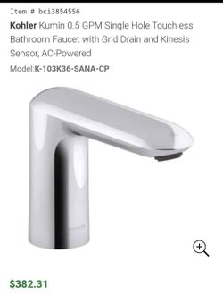 Kohler Kumin 0.5 GPM Single Hole Touchless Bathroom Faucet with Grid Drain and Kinesis Sensor, AC-Powered
Model:K-103K36-SANA-CP
Several quantities Av