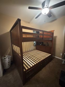 Dark Wood Full Over Full Bunk Bed with Storage Drawers - Solid Wood, stairs, Great Condition