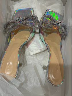 MACH & MACH Leather Double Bow Mules Iridescent Silver Size 37.5