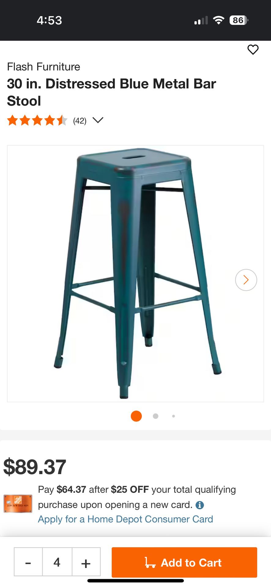 $50! (4) 30 in. Distressed Blue Metal Bar Stools (great condition)!
