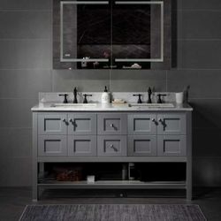 Sydney -6021D-GR_CAVT6122D-8      60"Bathroom Vanity with authentic Italian Carrara Marble top 8" faucet holes|Double Rectangle Undermount Sinks|2 Sof