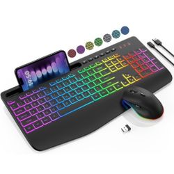 Wireless Keyboard and Mouse Combo - 9 Backlit Effects, RGB, Ergonomic Wrist Rest, Phone Holder, 2.4G Full Size, Rechargeable, Sleep Mode, Quiet Keyboa