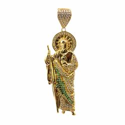 Men’s 10k Yellow Gold Large 2.75” Inch Green and White Stone Saint St. Jude Pendant for Necklace GP3128289