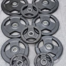 FULL OLYMPIC RUBBER SET OF EASY TRI-GRIP HANDLE PLATES (PAIRS OF) : 45s  35s  25s  10s  5s    