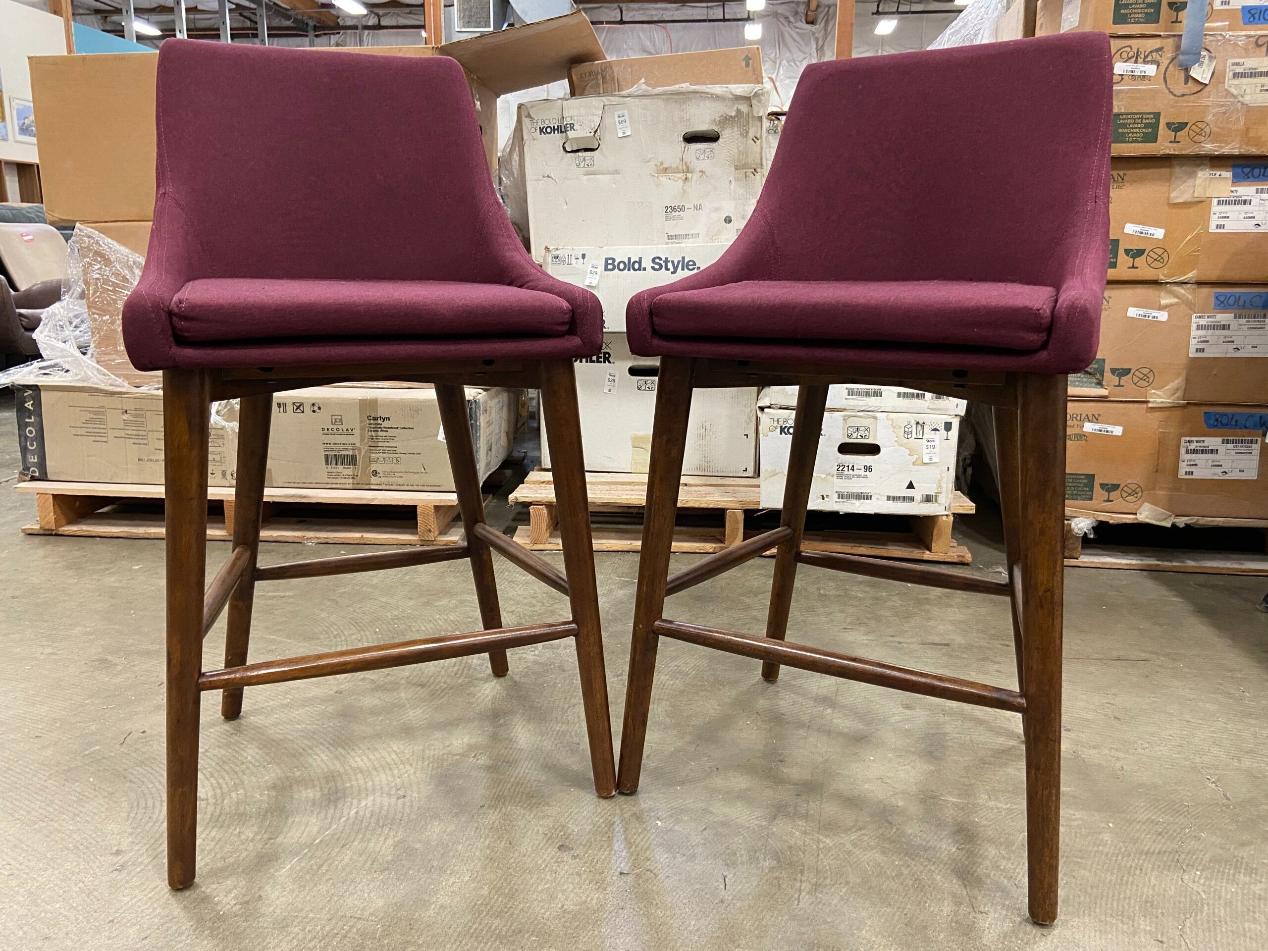 Burgundy Fabric Bar Stool with Dark Wood Tapered Legs (Set of 2)
