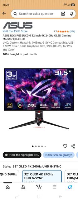 OBO  FACTORY SEALEDASUS ROG PG32UCDM 32 Inch 4K 240Hz OLED Gaming Monitor QD-OLED
UHD,