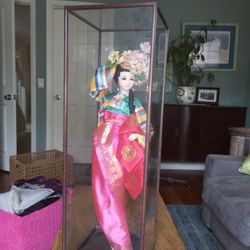 Antique Korean Doll With Large Glass Case