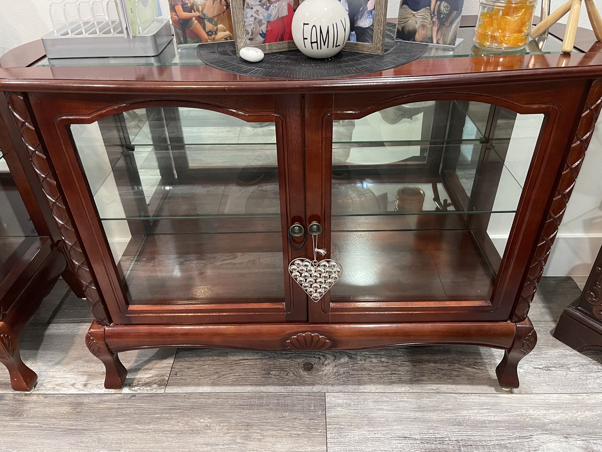 1 Lighting Curios Cabinets Glass With Wood . Wood  display curios with light, 1 glass shelf and mirror background. $50.   Size  40 long, 14