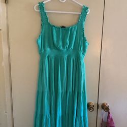 Torrid Plus Sz Crinkle Gauze Aqua Green Smocked Waist Midi Dress W/Pockets Sz 2