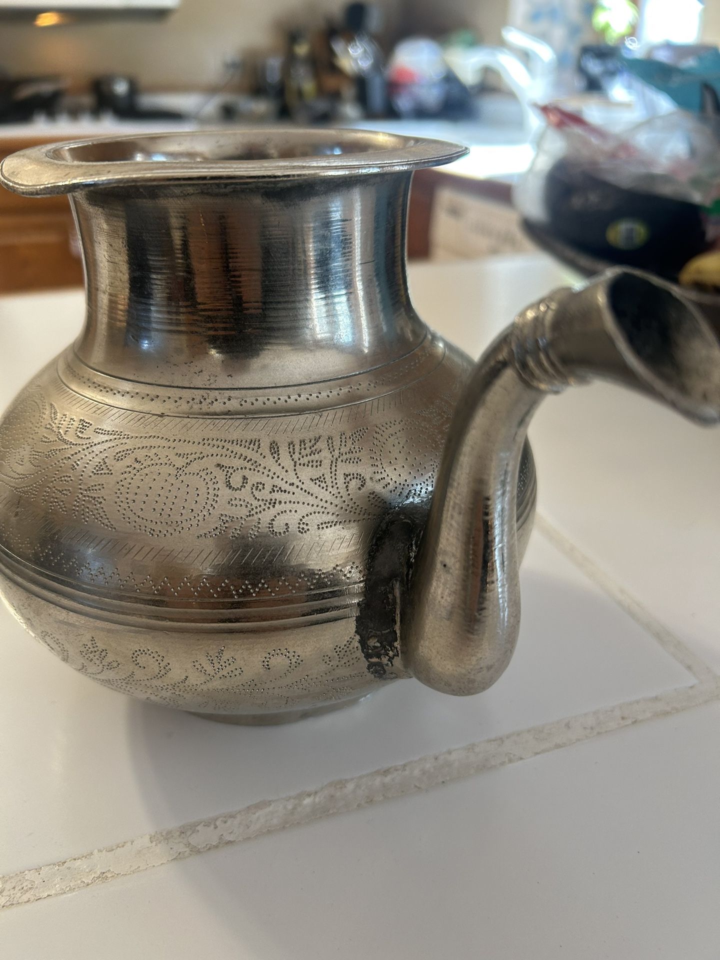 Vintage Brass Solid Handcrafted Inlay Engraved Unique Shape Holy Water Pot