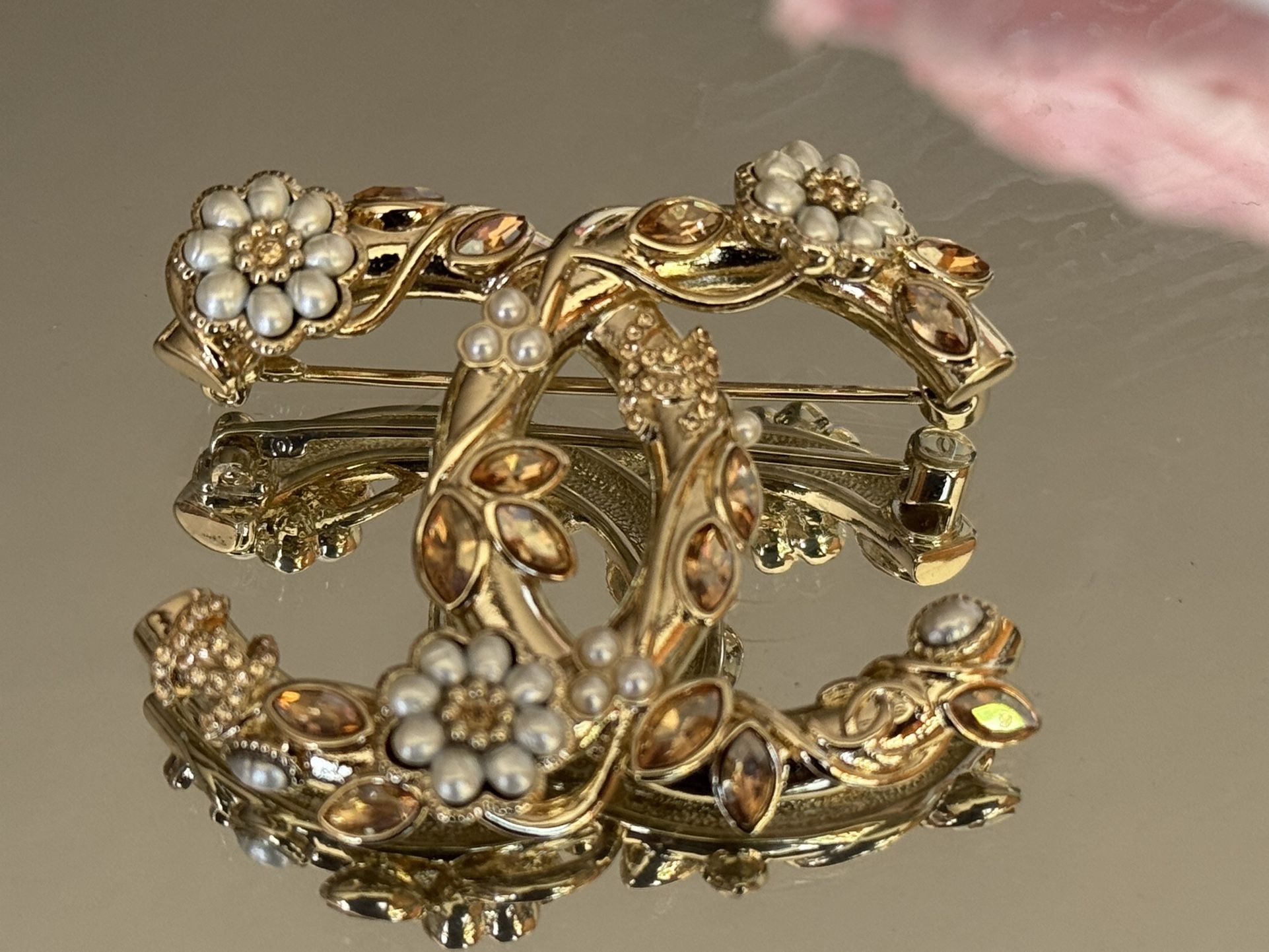 CC Pearl Floral Crystal Gold Brooches