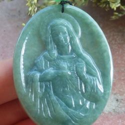 Certificate Jadeite Jewelry Hand Carved Green Pendant Virgin Mary 