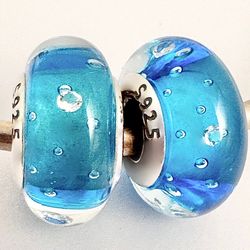 2 Charms For Pandora Blue Ocean With Swarovski Crystals 925 sterling silver Cores 
