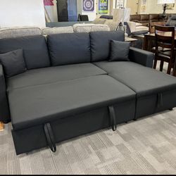 Black Linen Sleeper Sofa With Reversible Storage Ottoman 