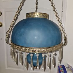Antique Hanging Light Fixture With Blue Glass