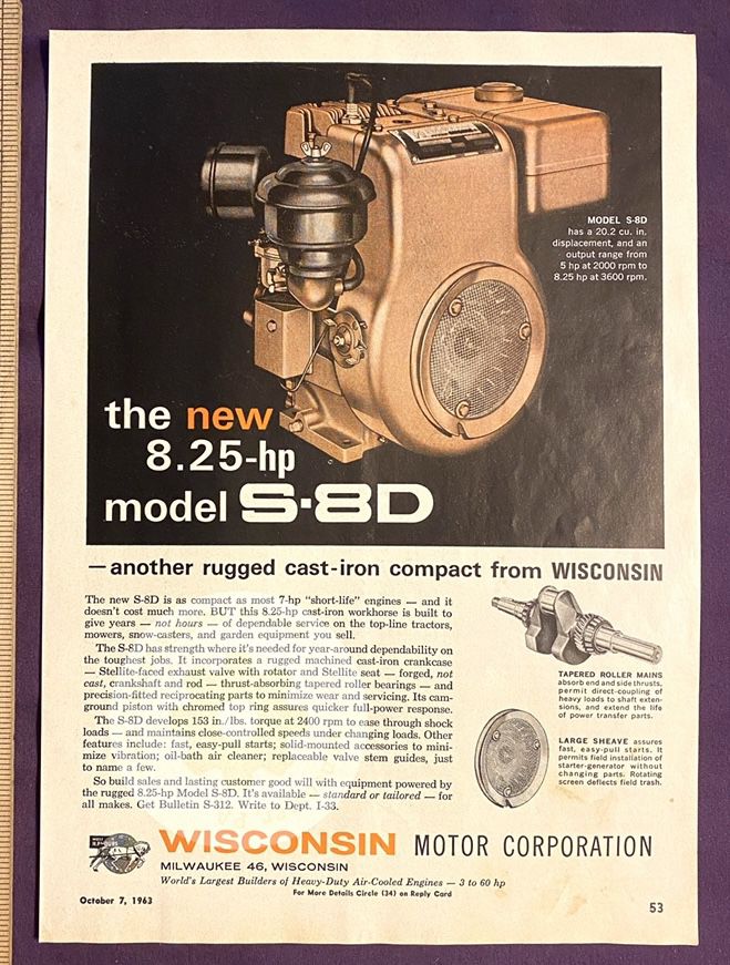 Original 1963 Wisconsin Engines Print Ad- S-8D