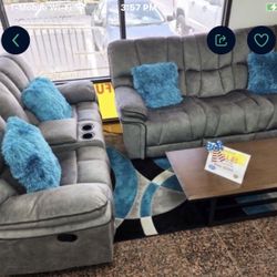 GRAY VELVET RECLINING SOFA AND RECLINING LOVESEAT. SAME DAY DELIVERY AND EASY FINANCING.