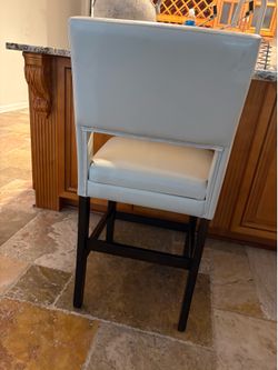 2 White Leather Bar Stools with Dark Wood Legs