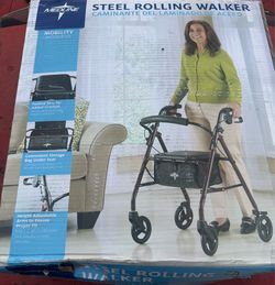 Medline Steel Rolling Walker with Padded Seat and Storage Bag