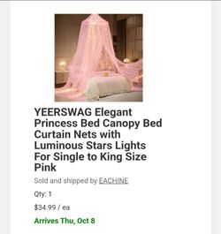 FREE...YEERSWAG Pink Princess Bed Canopy with Star Lights