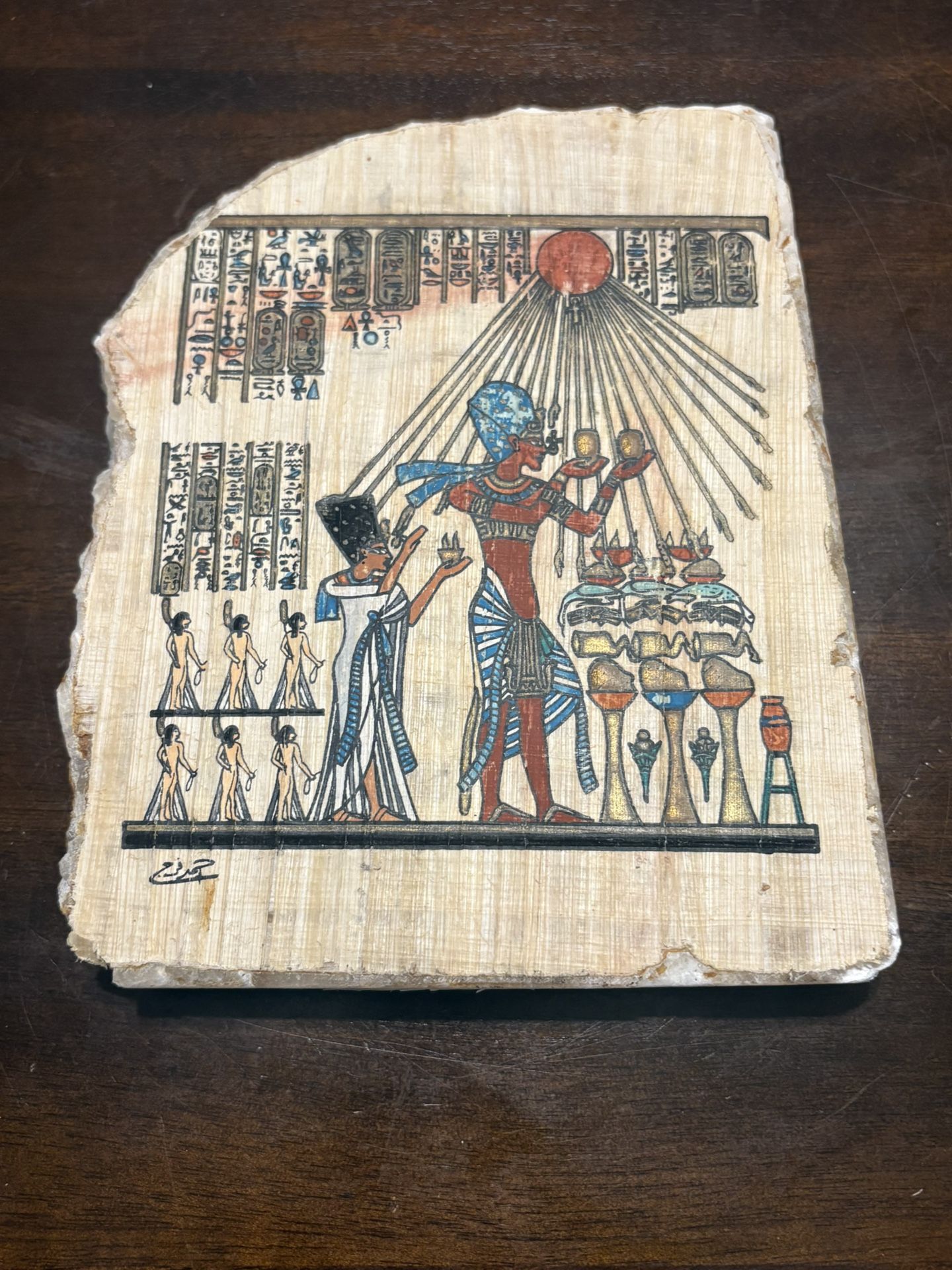 Egyptian Hand Painted Art On Papyrus Overlayed On Slab Of Quartz Crystal Stone