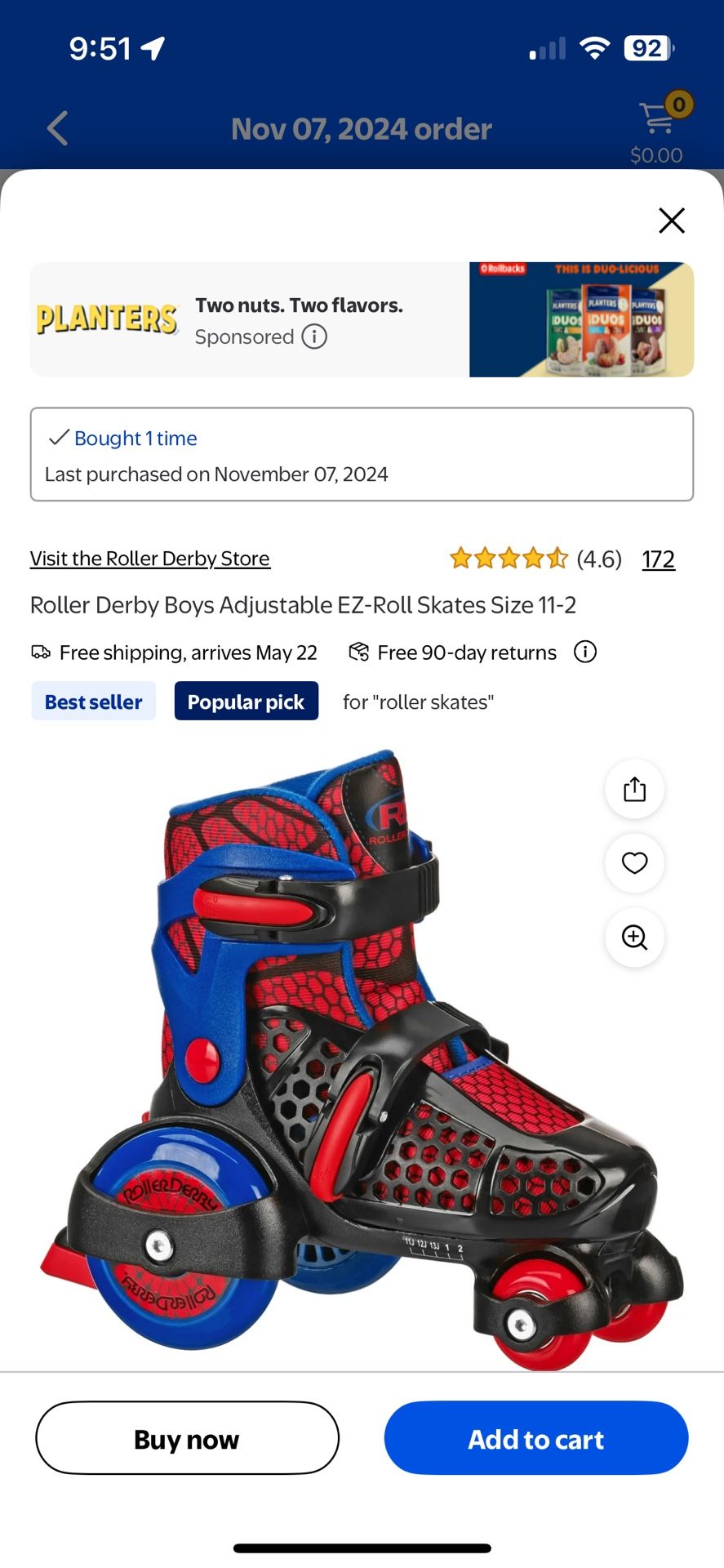 Roller Derby Boys Adjustable EZ-Roll Skates Size 11-2