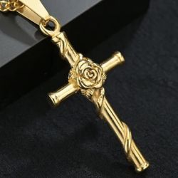 Crucifix Pendant Chain New Gold Flower 