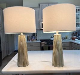 Pair of Sage Green Ribbed Ceramic Table Lamps with Cream Shades
