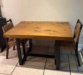 Rustic Wood Dining Table with 2 Matching Woven Chairs