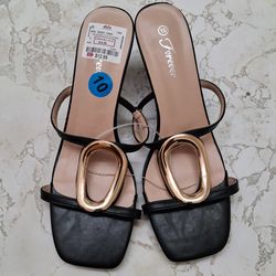 Black Slingback Sandals With Gold Design