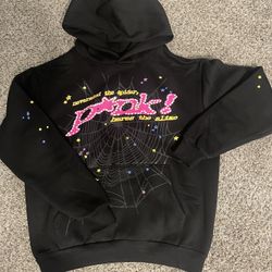 Black and pink Sp5der hoodie, Size: medium