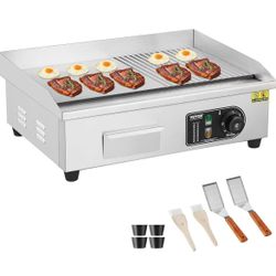 106#Commercial Electric Griddle, 1600W Countertop Half-Flat Top Grill, 22in Stainless Steel Griddle Grill with 2 Shovels and 2 Brushes for Home or Res
