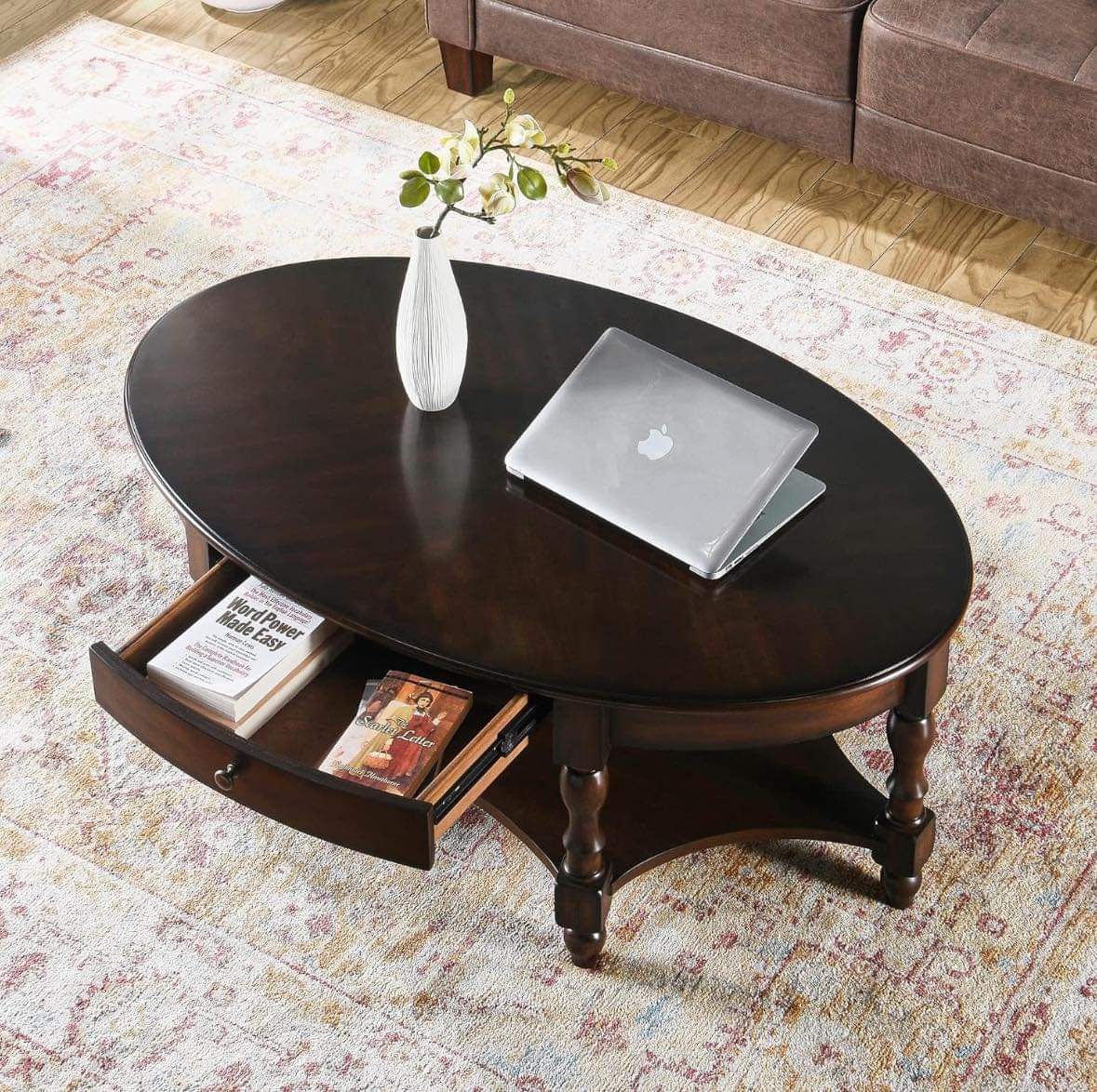 Oval Coffee Table for Living Room, 2-Tier Solid Wood Coffee Table with Storage Drawer, Dark walnut  E-1