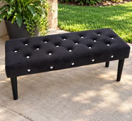 Black Velvet Tufted Bench with Crystal Buttons