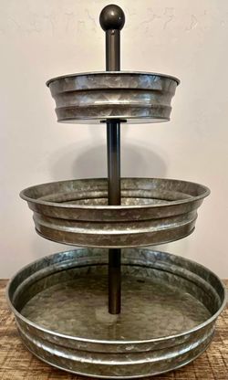 Galvanized metal tiered tray stand